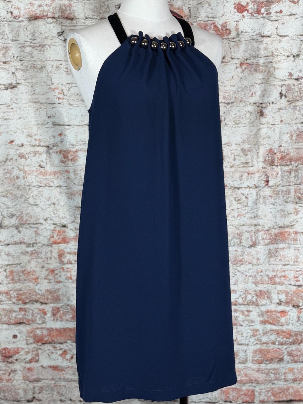 NWT BCBGMAXAZARIA Navy Halter Shift Dress with Metal Accents Women’s Size XS